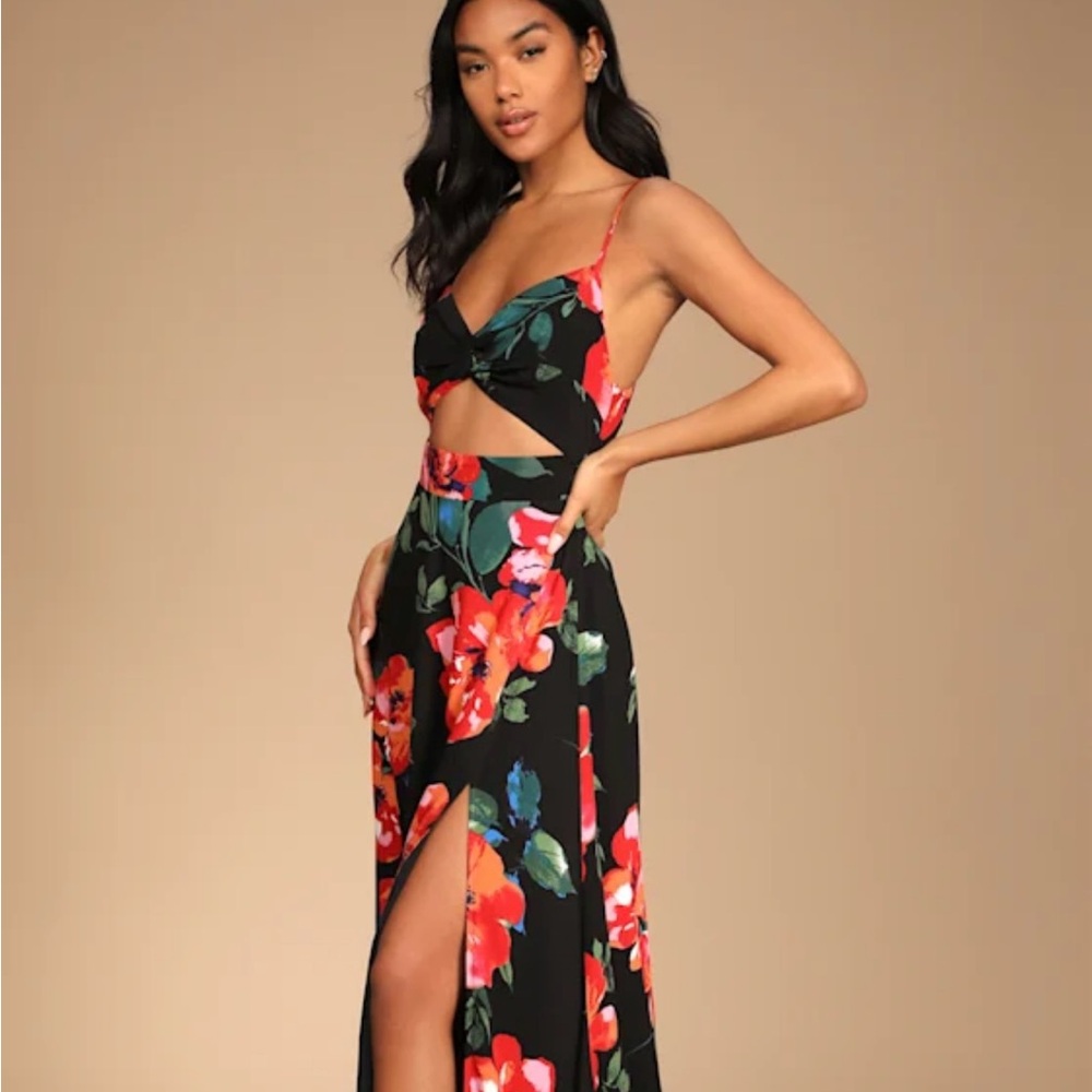 Tie-Back Cutout Floral Midi Dress